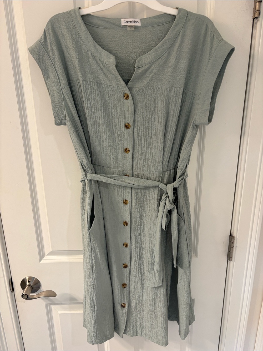Calvin Klein Sage Green Belted Button Dress with Pockets Size 12 .